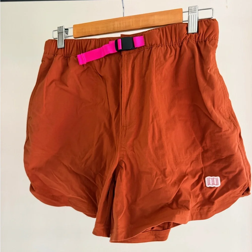Topo Designs Rust Orange Athletic Shorts with Pink Belt